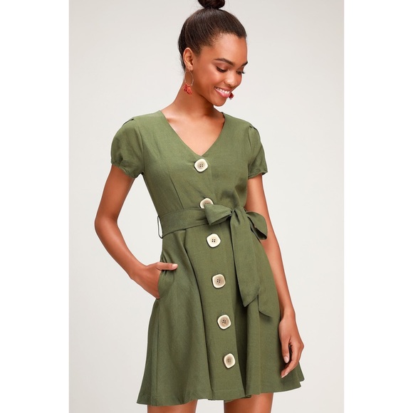 Lulus Dresses & Skirts - Olive Green Button-Front Skater Dress (NWT)